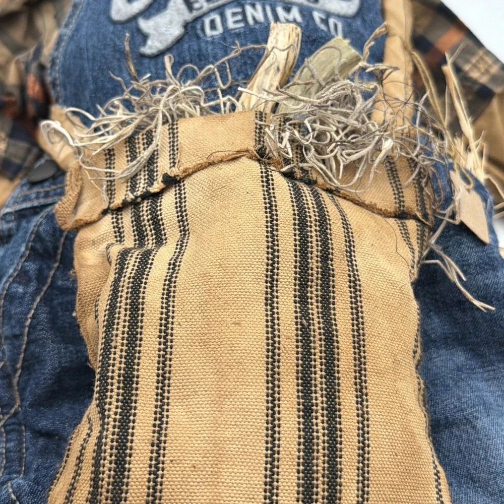 Vintage Primitive Handmade Grungy Scarecrow Doll Folk Art Fall Oshkosh Overalls